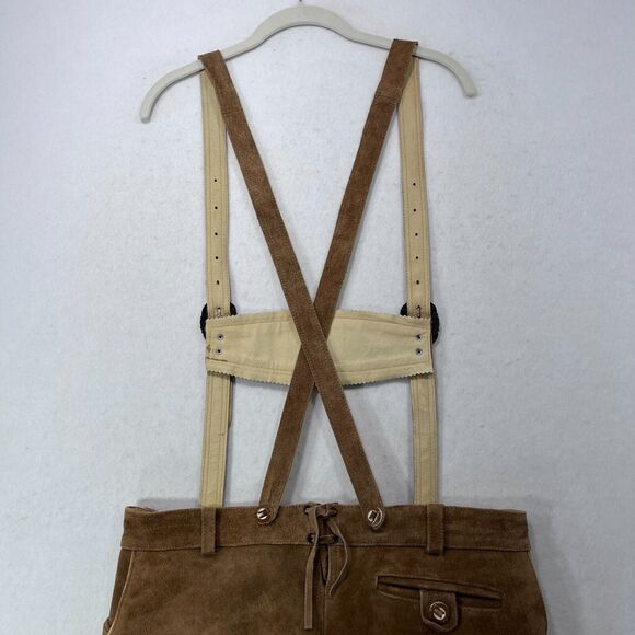 Lederhosen Shorts Men 36 Brown Suede Leather German Suspenders Oktoberfest - Picture 6 of 16